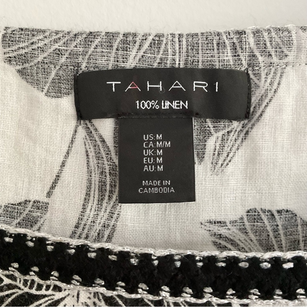 Tahari Linen Blouse Black White Floral Balloon Sleeve Square Neck Size M Beach - Picture 4 of 8